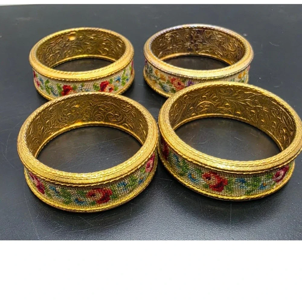 Vintage Petit Point Floral Napkin Rings Set of 4 Gold Tone Engraved Metal Rose